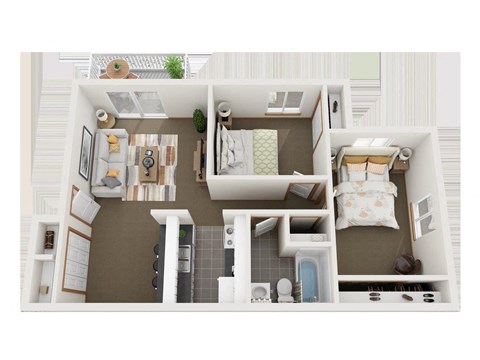 a 3d rendering of our 1 bedroom apartment at the crossings in indianapolis